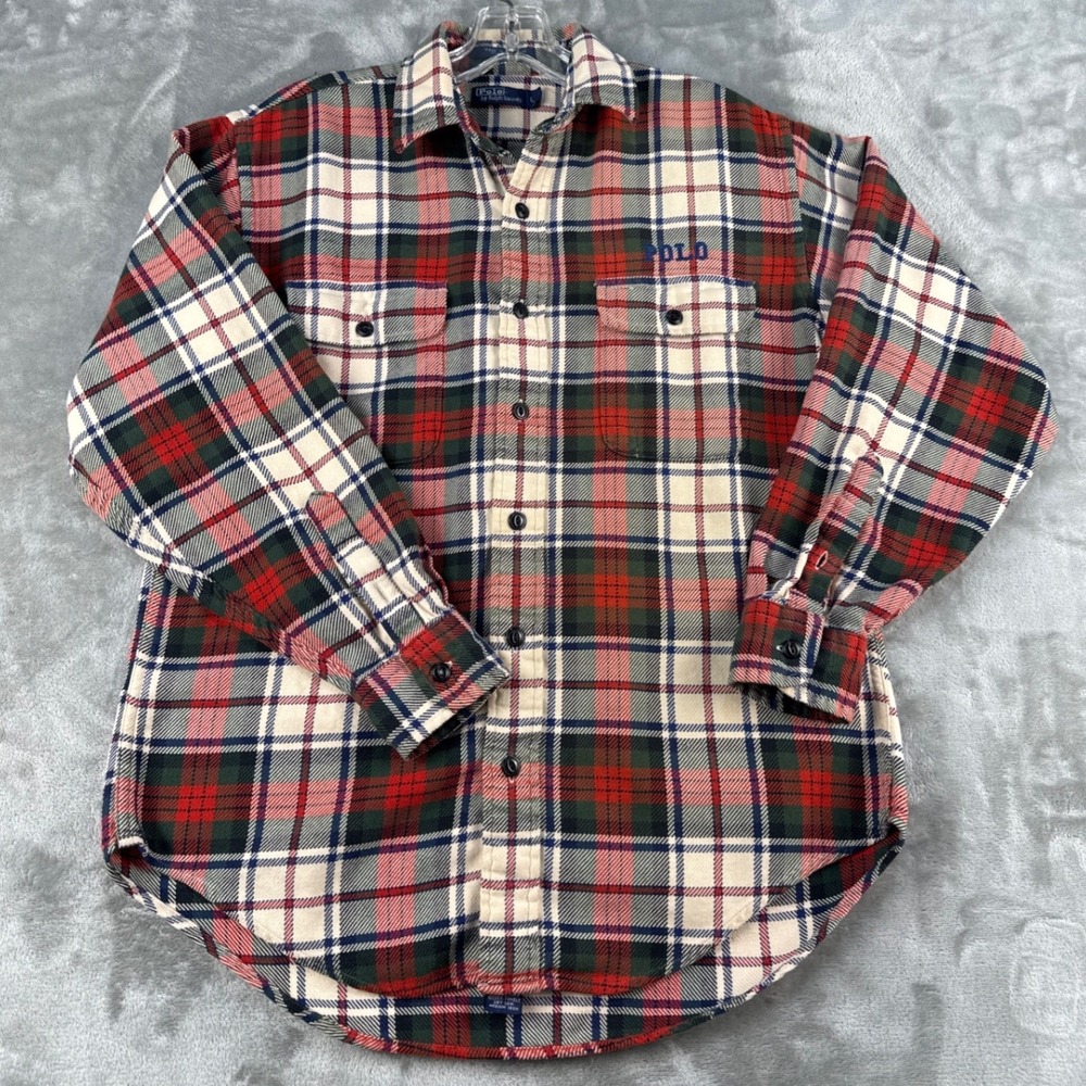 Polo Ralph Lauren Mens Large Flannel Shirt Plaid Red Green Cotton Button‎ Down